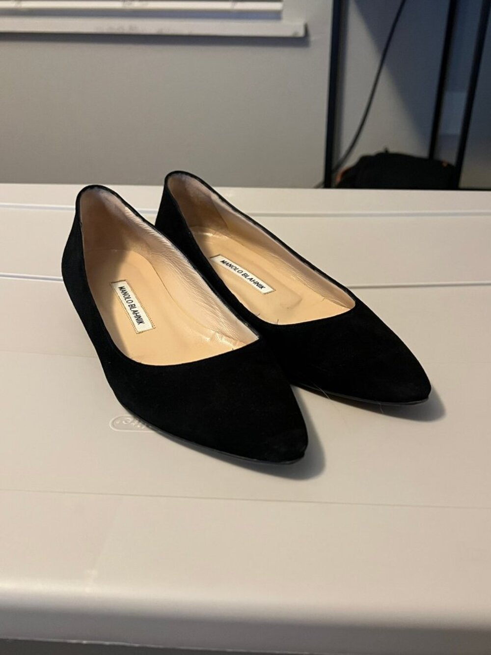 Manolo Blahnik Black Suede Pointed Toe Flats Size IT 39